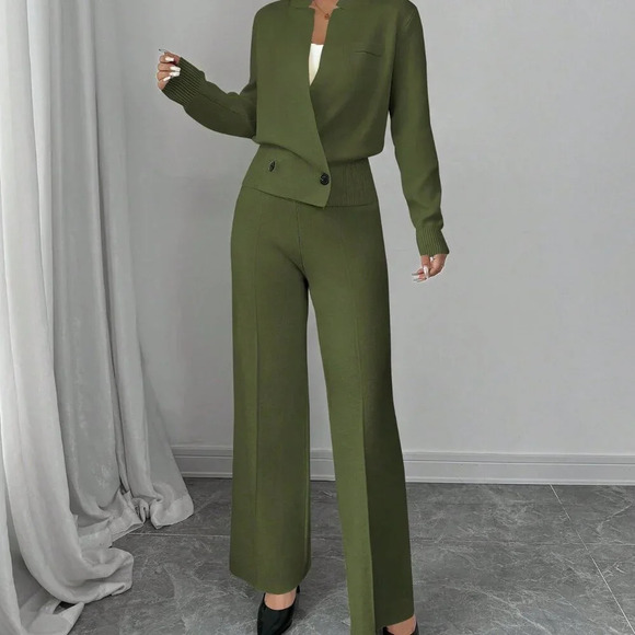 Green Elegant Women's Loose Long Sleeve Crew Neck  Knit Sweater & Suit Pants Set - Picture 3 of 8